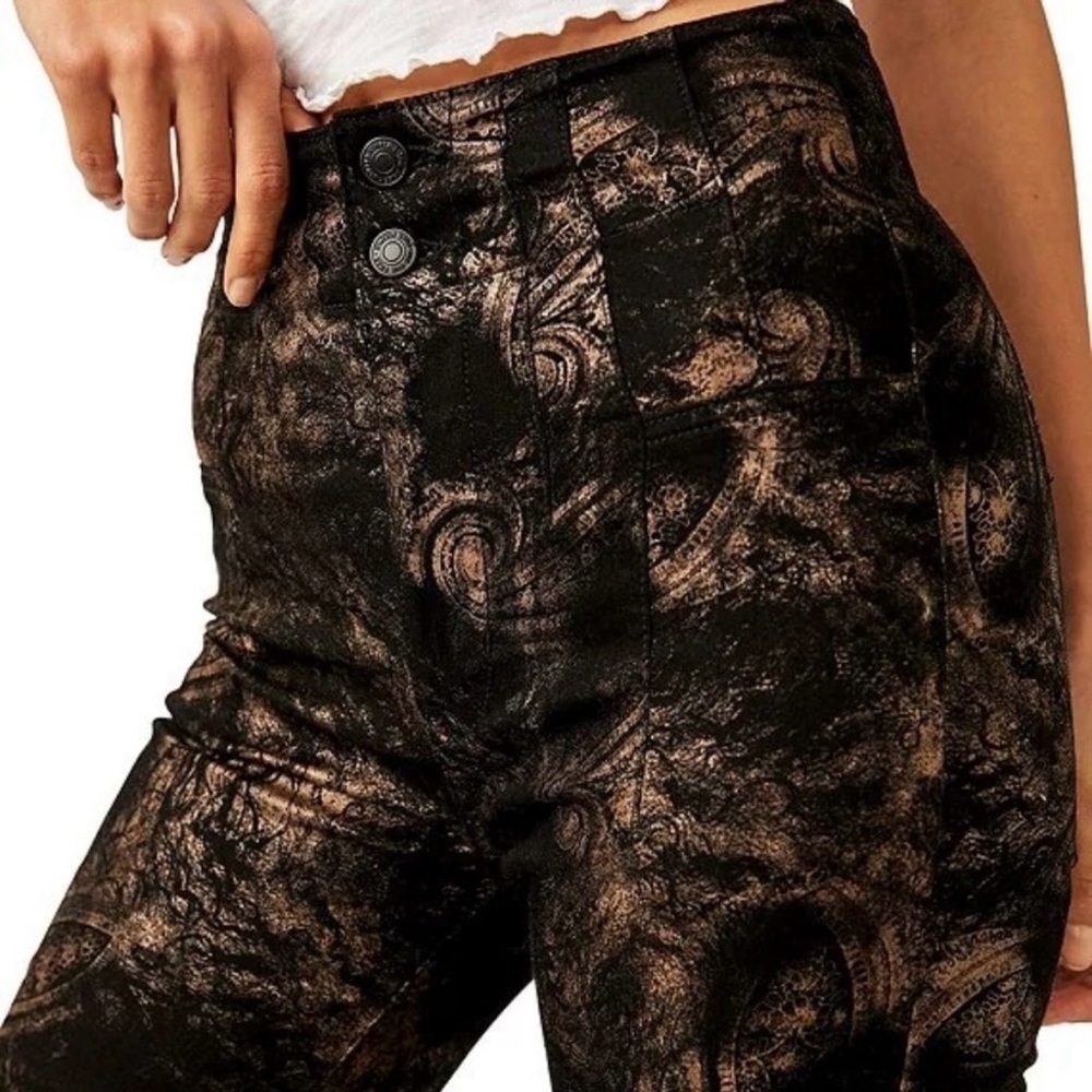 NWT Free People Jayde Metallic Bronze Paisley Flare Jeans Black Tie 31